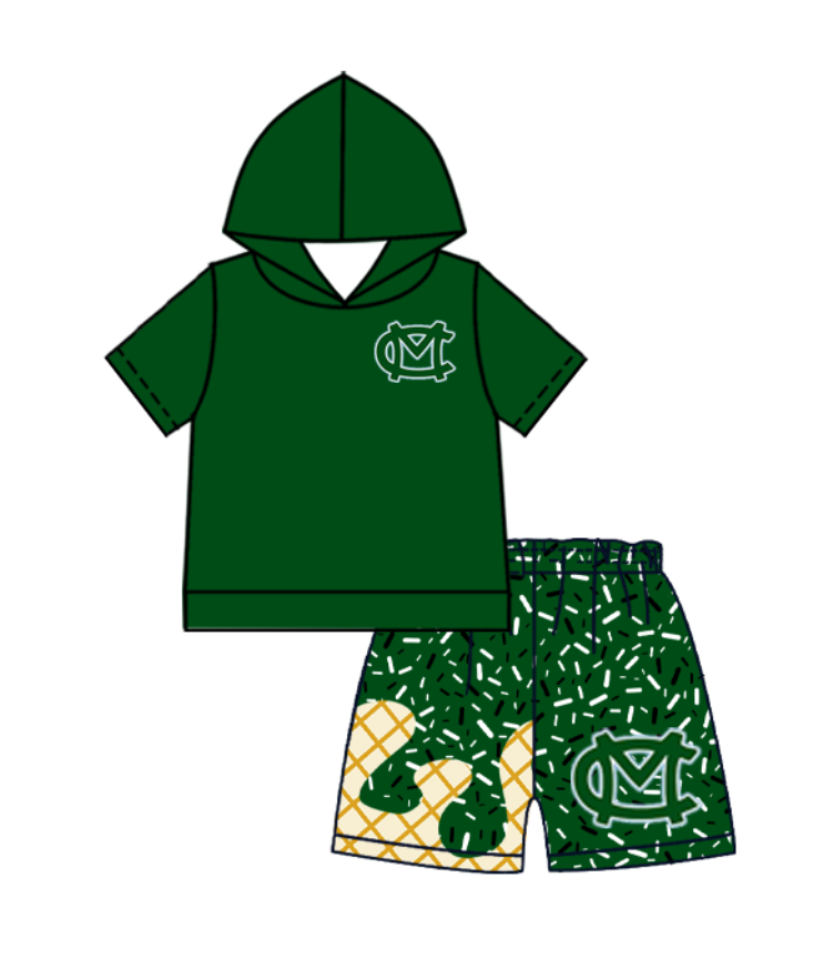 Custom moq 5 mix size milk silk summer teams baby boys clothes green hooded short sleeve shorts sets-25.10.27