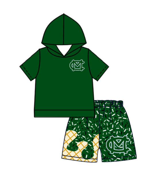 Custom moq 5 mix size milk silk summer teams baby boys clothes green hooded short sleeve shorts sets-25.10.27