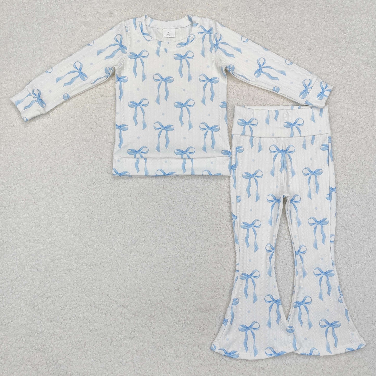 RTS NO MOQ ETA 5/7days Arrived  cable knit fabric GLP2143 Special fabric blue bow pattern white long-sleeved trousers set