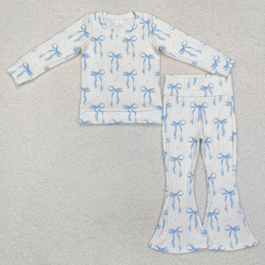 RTS NO MOQ ETA 5/7days Arrived  cable knit fabric GLP2143 Special fabric blue bow pattern white long-sleeved trousers set