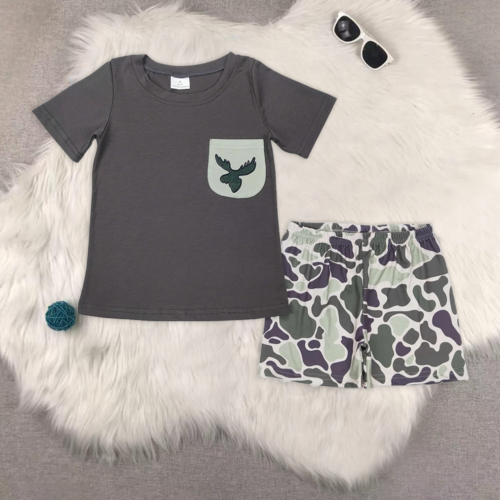 RTS NO MOQ boys Elk camouflage pocket brown short sleeve shorts set