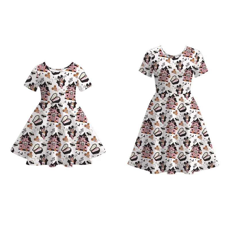 Custom moq 5 each style eta 6-7weeks halloween baby girl short sleeve dress and adult dress-25.7.16