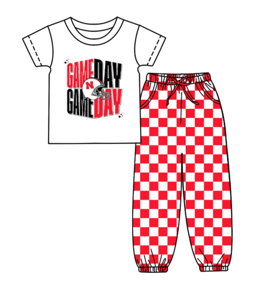 Custom summer teams baby boy clothes team GAME DAY red plaid short sleeve pants sets-25.8.22