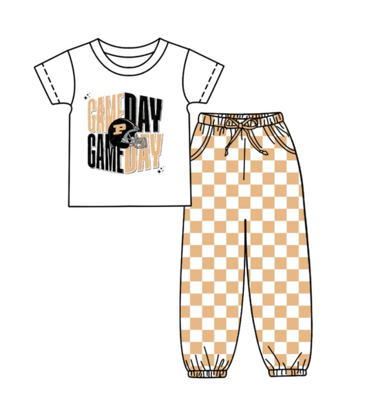Custom summer teams baby boy clothes team GAME DAY khaki plaid short sleeve pants sets-25.8.22