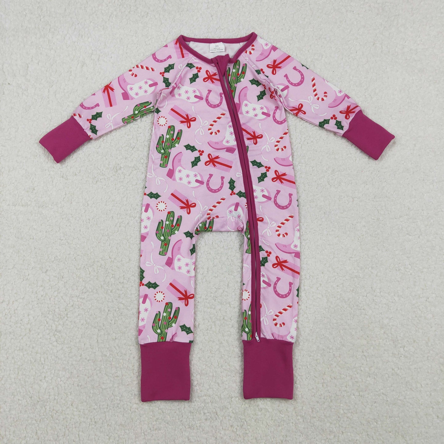 RTS NO MOQ（In Stock ) LR1742 Christmas Boots Cactus Gift Pink Purple Zipper Long-Sleeved Jumpsuit
