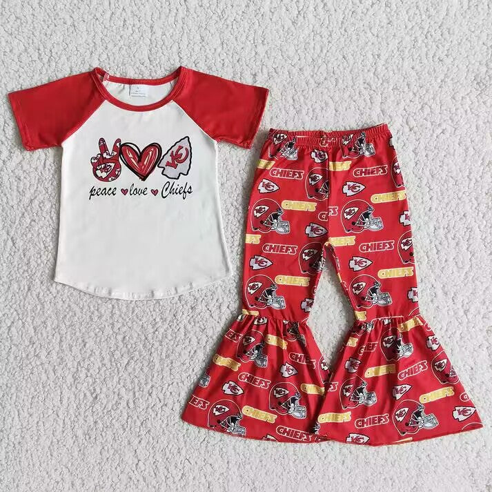RTS NO MOQ Victory Sign-Heart-Five-Pointed Star Pattern Short Sleeve Flared Pants Suit