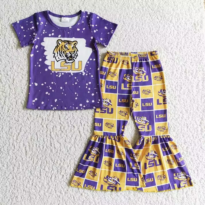 RTS NO MOQ Victory Sign-Heart-Five-Pointed Star Pattern Short Sleeve Flared Pants Suit