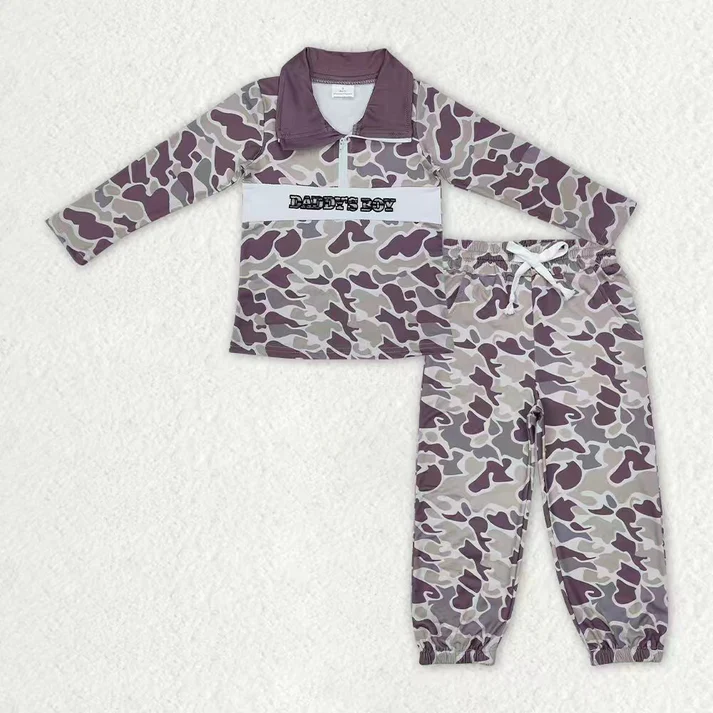 RTS NO MOQ Sibling Baby boy clothes embroidery camouflage long-sleeved trousers suits