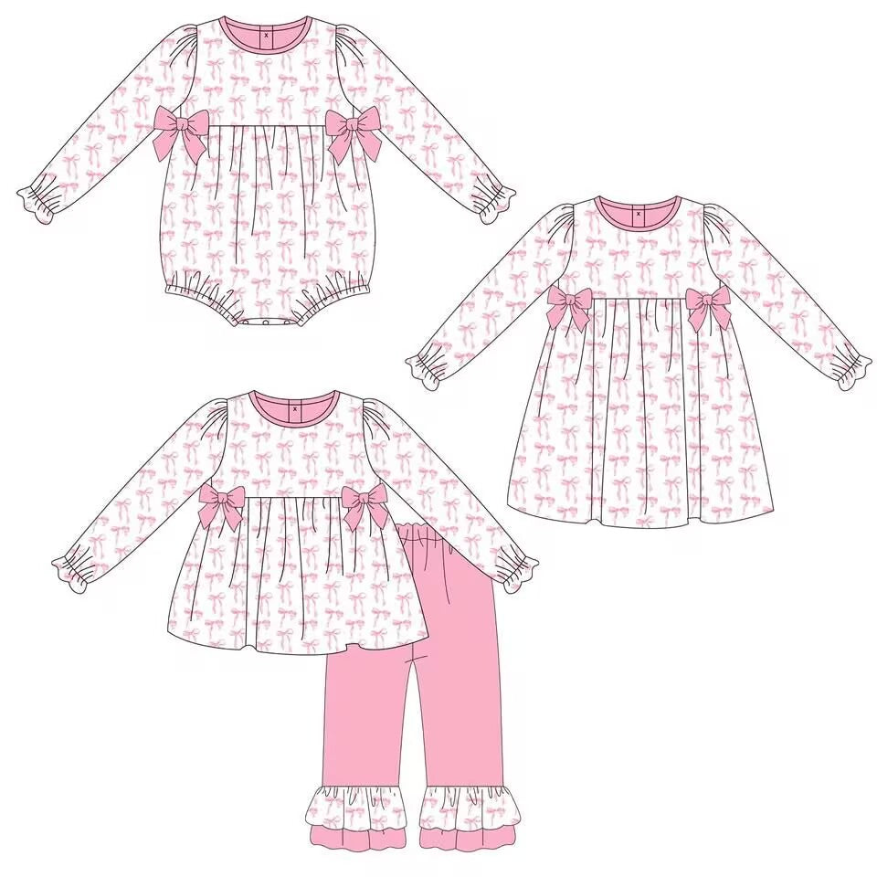 Custom moq 5 each style eta 6-7weeks baby girl clothes bow pink long sleeve pants sets and romper and dress -25.8.29