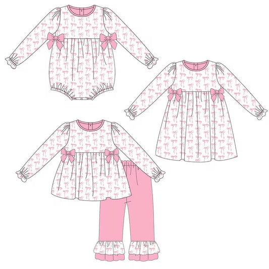 Custom moq 5 each style eta 6-7weeks baby girl clothes bow pink long sleeve pants sets and romper and dress -25.8.29