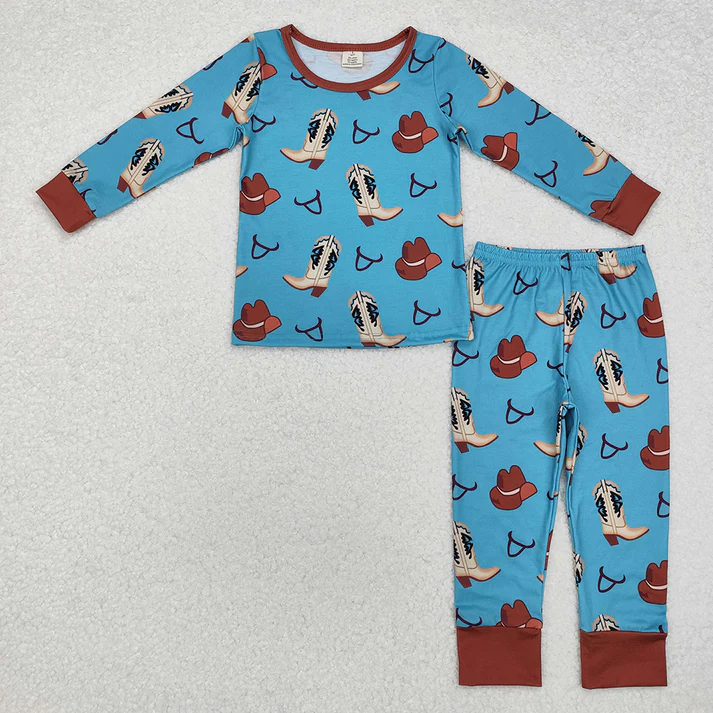 RTS NO MOQ bamboo western cowboy style boys long sleeve long pants pajamas set