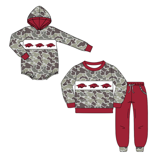 Custom moq 5 mix size milk silk summer teams baby boys clothes camouflage dark red hooded long sleeve pants sets and romper-25.10.20