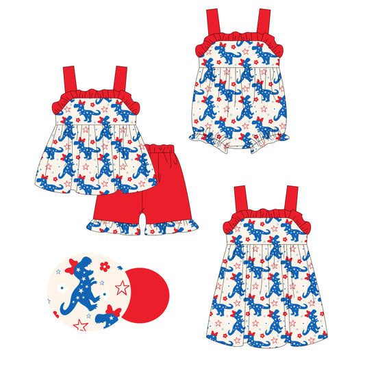 4.19 custom each style moq 5eta 4-6week Sibling Sisters dinosaur bow floral baby girl short sleeve shorts sets and dress and rompers match family design
