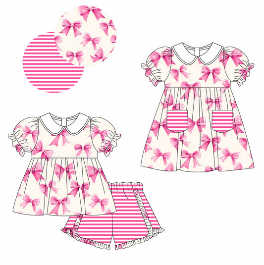 11.22 custom each style moq 5eta 4-6week Sibling Sister bow pink baby girl short sleeve shorts sets and dresses match design