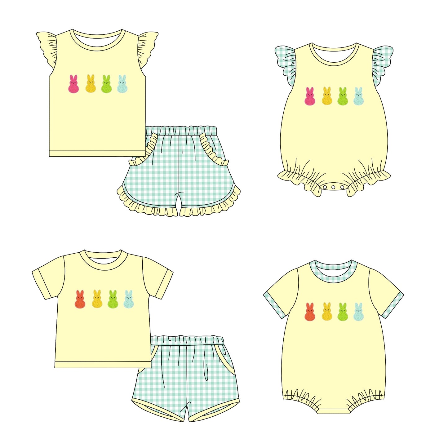 11.6 custom each style moq 5eta 4-6week Sibling Sister easter baby girl short sleeve shorts sets and sets 2 and girls romper and boy romper match design