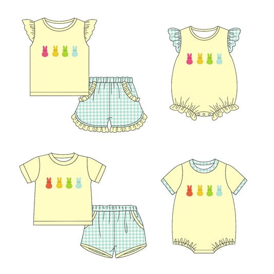 11.6 custom each style moq 5eta 4-6week Sibling Sister easter baby girl short sleeve shorts sets and sets 2 and girls romper and boy romper match design