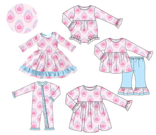 25.8.5 custom each style moq 5 eta 4-6week Sibling Sisters pumpkin bow baby girl long sleeve pants sets 1 and sets 2 and romper 1 and romper 2 and dress match family design