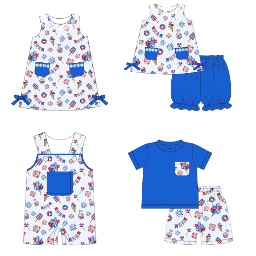 5.17custom each style moq 5eta 4-5week Sibling Sister independence Day print blue girls and boys outfits and baby romper match family design