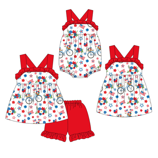 12.13 custom each style moq 5eta 4-6week Sibling Sister 4th of july baby girl short sleeve shorts sets and dress and rompers match family design
