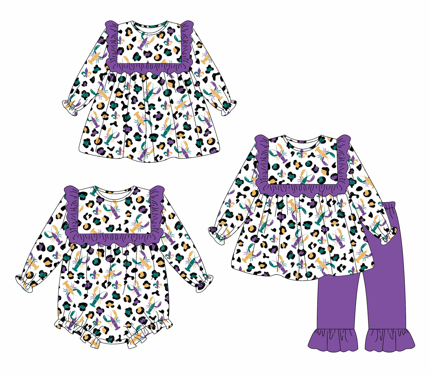 25.9.9 custom each style moq 5eta 4-6week Sibling Sisters mardi gras baby girl long sleeve pants sets and dress and rompers match family design