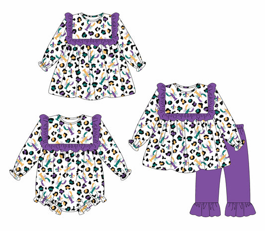 25.9.9 custom each style moq 5eta 4-6week Sibling Sisters mardi gras baby girl long sleeve pants sets and dress and rompers match family design