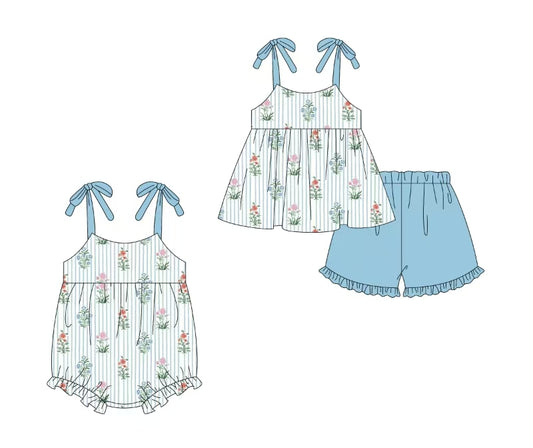 2.14 custom each style moq 5eta 4-6week Sibling Sister floral baby girl short sleeve shorts sets and romper match design
