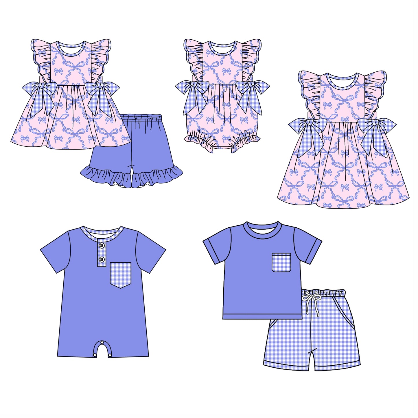 12.10 custom each style moq 5eta 4-6week Sibling Sister BOW Baby girl short sleeve shorts sets and sets 2 and girls romper and boy romper and dress match design