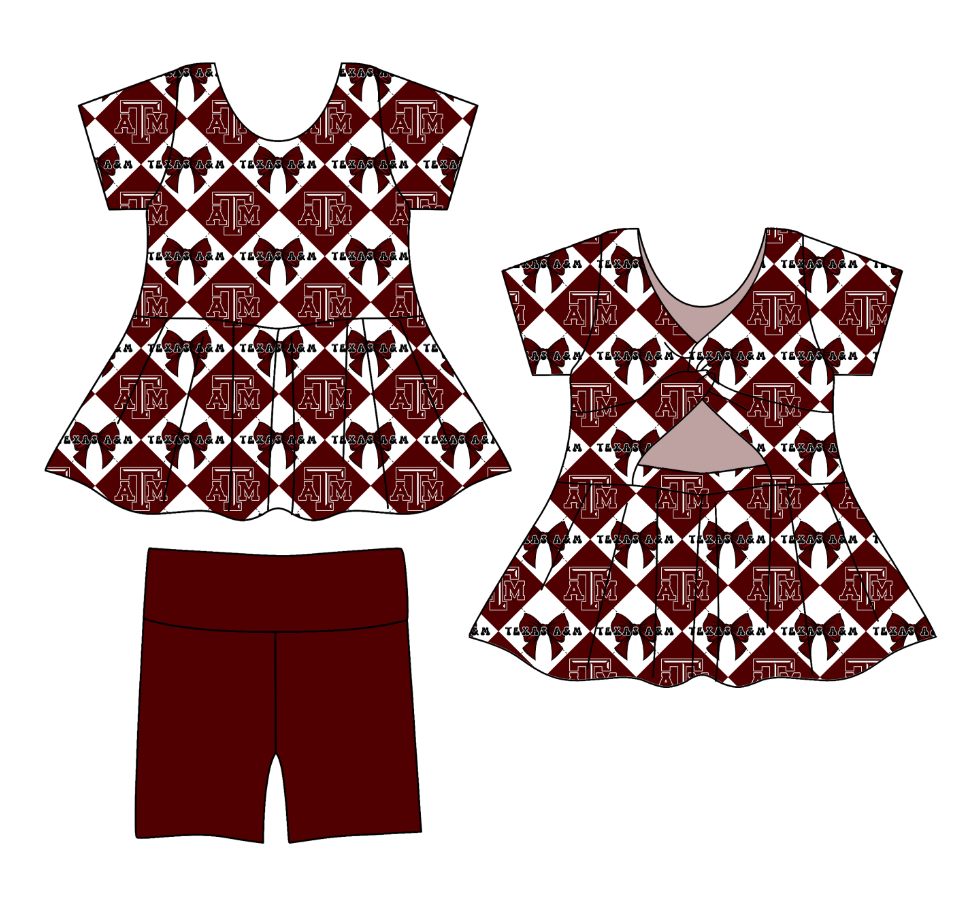 Custom moq 5 mix size Dark red Plaid Baby Girl's Short-Sleeved Shirt And Shorts Team Outfit Children's Clothing Set for Girls