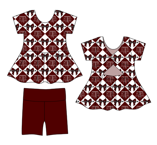 Custom moq 5 mix size Dark red Plaid Baby Girl's Short-Sleeved Shirt And Shorts Team Outfit Children's Clothing Set for Girls