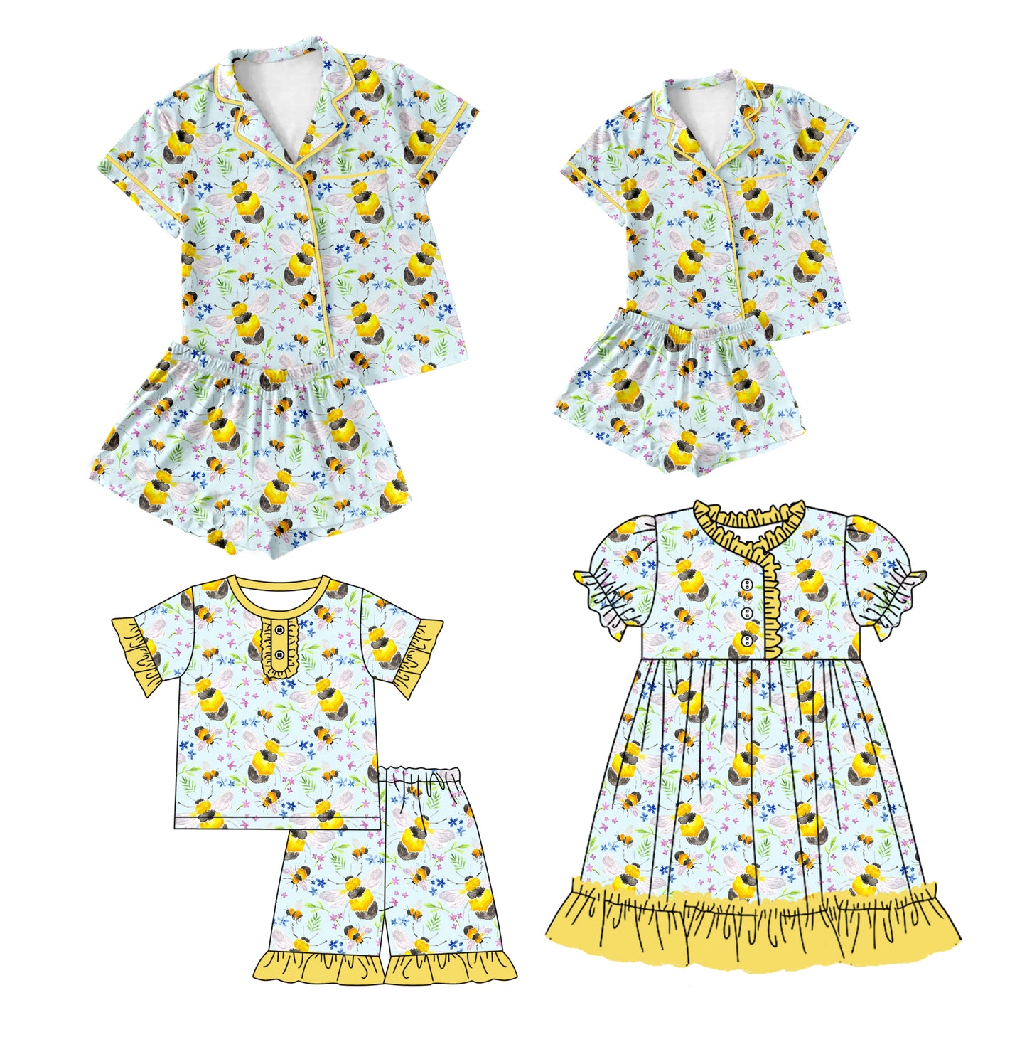 12.16 custom each style moq 5eta 4-6week Sibling Sister bee baby girls short sleeve shorts sets and adult sets and girls sets and dress match design