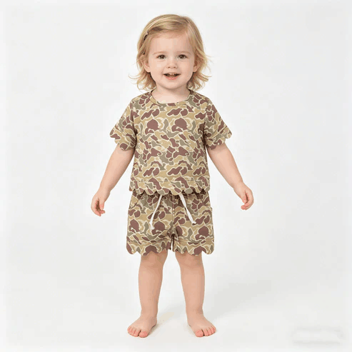 RTS NO MOQ Sibling Baby Girls Camouflage Top with Scallop Shorts Outfit Set