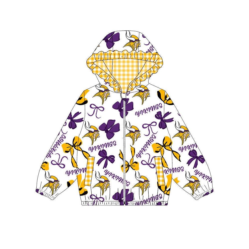 1001-Custom moq 8 mix size milk silk summer team baby girls clothes bow purple and yellow hooded long sleeve top-25.10.9