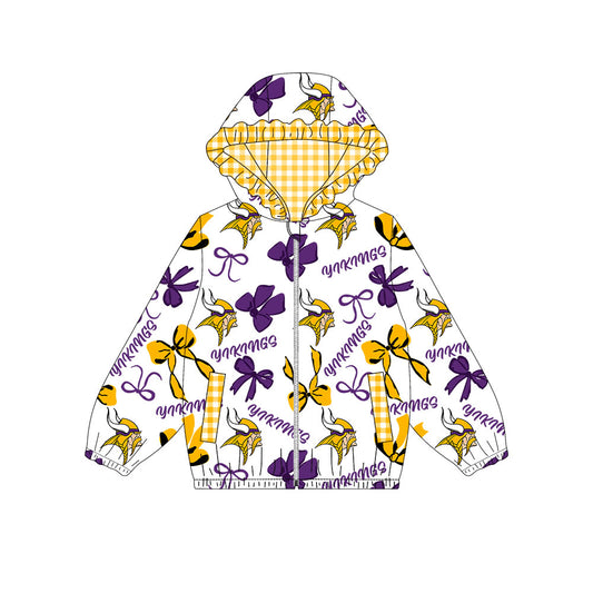 1001-Custom moq 8 mix size milk silk summer team baby girls clothes bow purple and yellow hooded long sleeve top-25.10.9