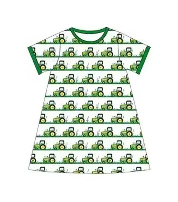 5.16custom each style moq 5eta 4-5week Sibling Sister Agricultural vehicles print green boys and girls outfits and baby romper match family design