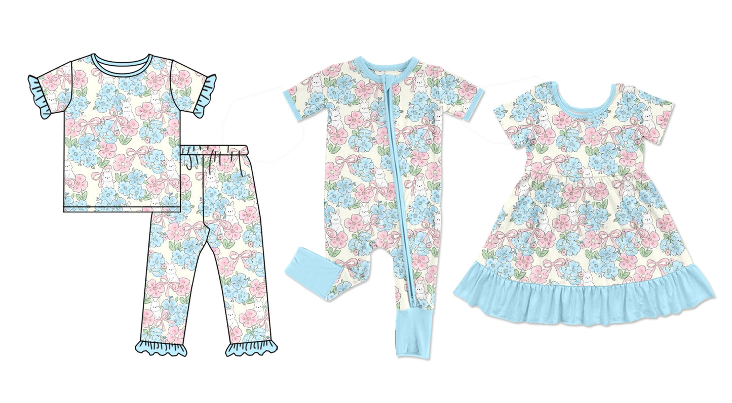 25.10.2 custom each style moq 8 eta 6-8week Sibling Sisters floral bow baby girl short sleeve pants sets and dress and rompers match family design