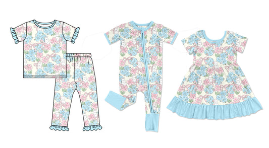 25.10.2 custom each style moq 8 eta 6-8week Sibling Sisters floral bow baby girl short sleeve pants sets and dress and rompers match family design