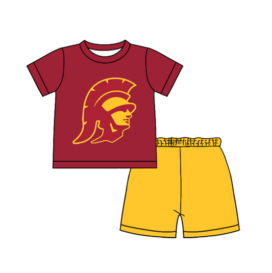 Custom moq 5 mix size milk silk summer teams Baby Boy's Red  Short-Sleeved O-Neck Top And solid color Shorts Set