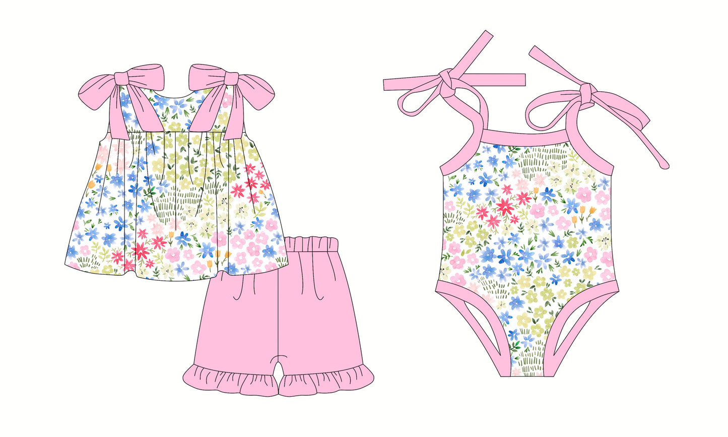 2.24 custom each style moq 5eta 4-6week Sibling Sister floral baby girl short sleeve shorts sets and romper match design