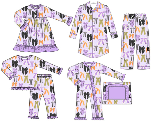 25.6.21 custom each style moq 5eta 4-6week Sibling Sisters bow purple baby girl long sleeve pants sets and adult top and adult pants and romper and dress match family design
