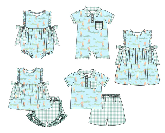 11.19 custom each style moq 5eta 4-6week Sibling Sister baby girl short sleeve shorts sets and sets 2 and girls romper and boy romper and dress match design