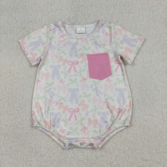 RTS NO MOQ（In Stock ) SR3731 Beige Short-Sleeve Jumpsuit with Colorful Bow Pattern in Pocket
