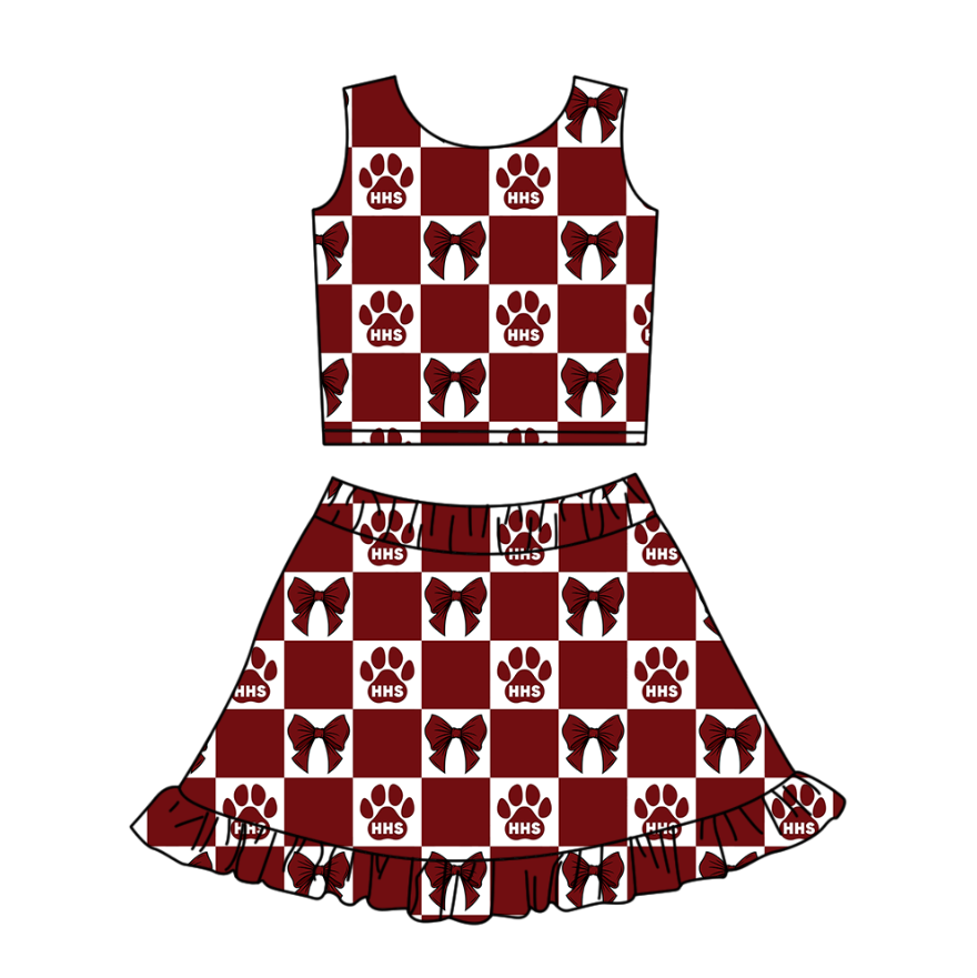 Custom moq 3 or 5 mix size milk silk summer teams baby girl clothes bow dark red sleeveless skirts sets
