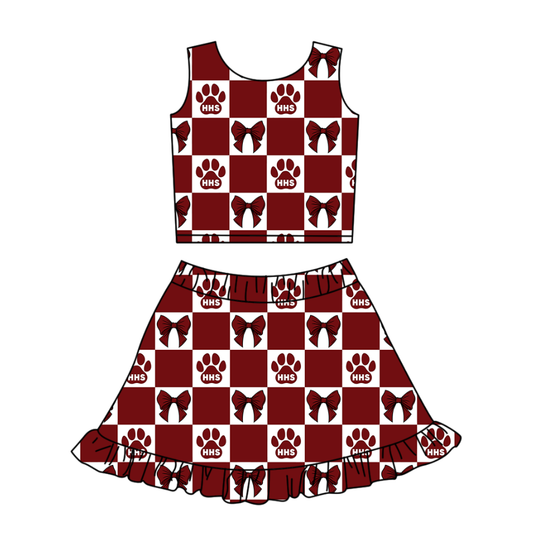 Custom moq 3 or 5 mix size milk silk summer teams baby girl clothes bow dark red sleeveless skirts sets