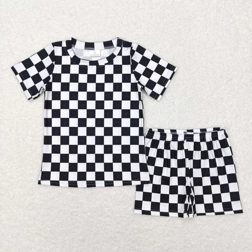RTS NO MOQ Adult Girls black and white plaid Short Sleeve Shorts Pajama Set & kids shorts sets
