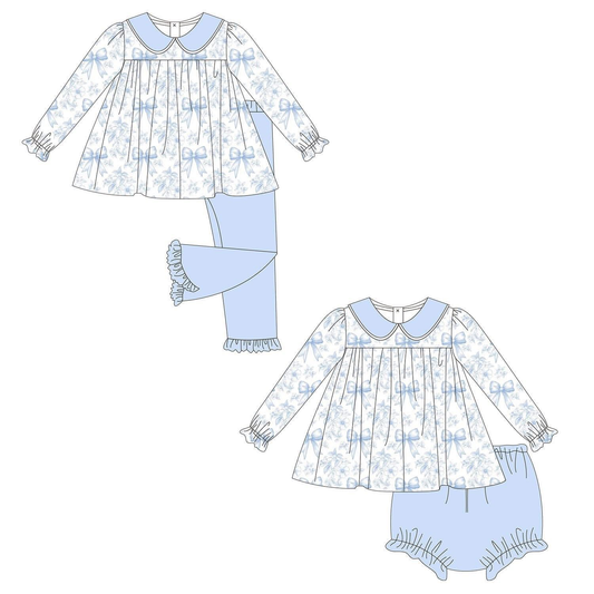 Custom moq 5 each style eta 6-7weeks baby girl clothes bow blue long sleeve pants and briefs sets