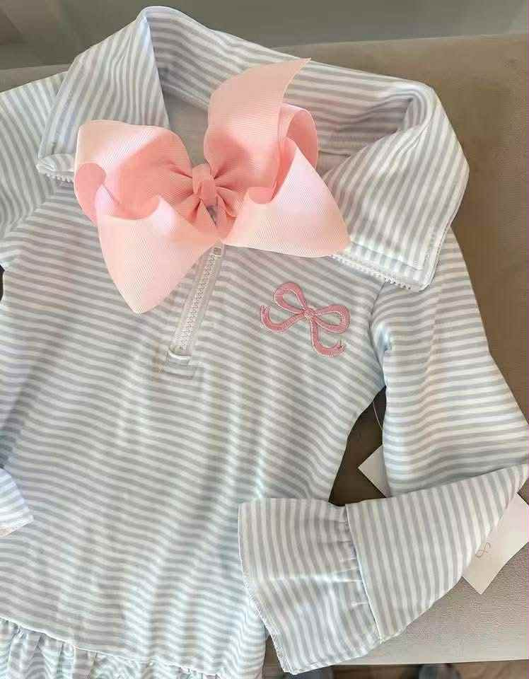 RTS NO MOQ ETA 5/7days Arrived GT0886 Embroidered bow pattern blue striped lace zipper long-sleeved top