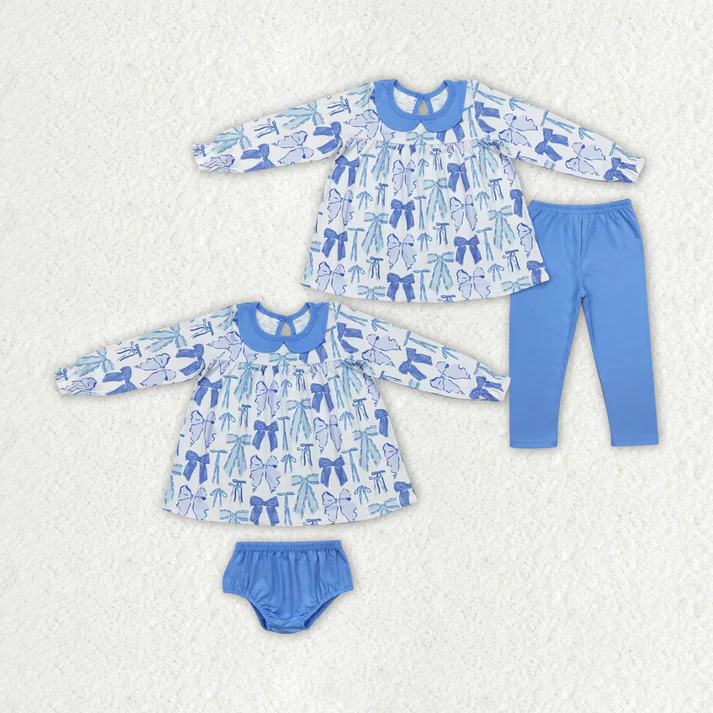 RTS NO MOQ Girls Blue Bows Sibling Fall Outfits Clothes Sets