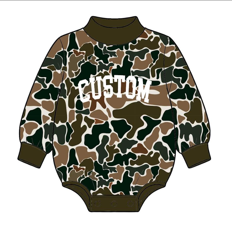 custom moq 5 mix size  SYAN0101 Baby Kids Camo Long Sleeve Mock Neck Bubble Romper