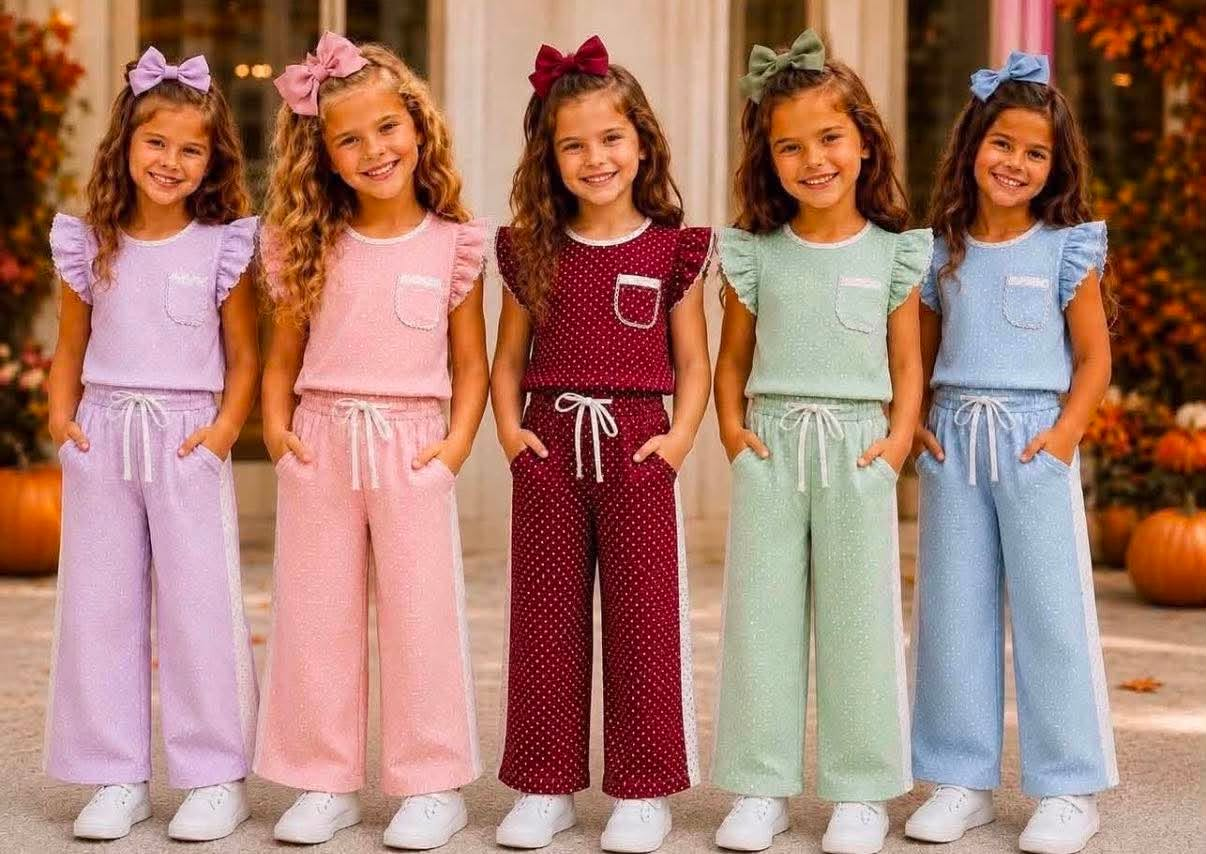 RTS NO MOQ Sibling milk silk Baby Girls Polka Dots Pocket Top Flare Pant Sets