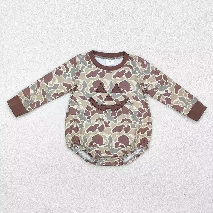 RTS NO MOQ Brown embroidered pumpkin smiley face camouflage short-sleeved trousers set & long-sleeved short romper
